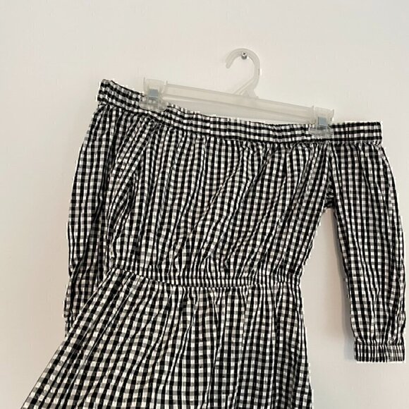 DIVIDED BY H&M Off the Shoulder Dress Black White Gingham Plaid 3/4 Sleeve Mini - Picture 6 of 12